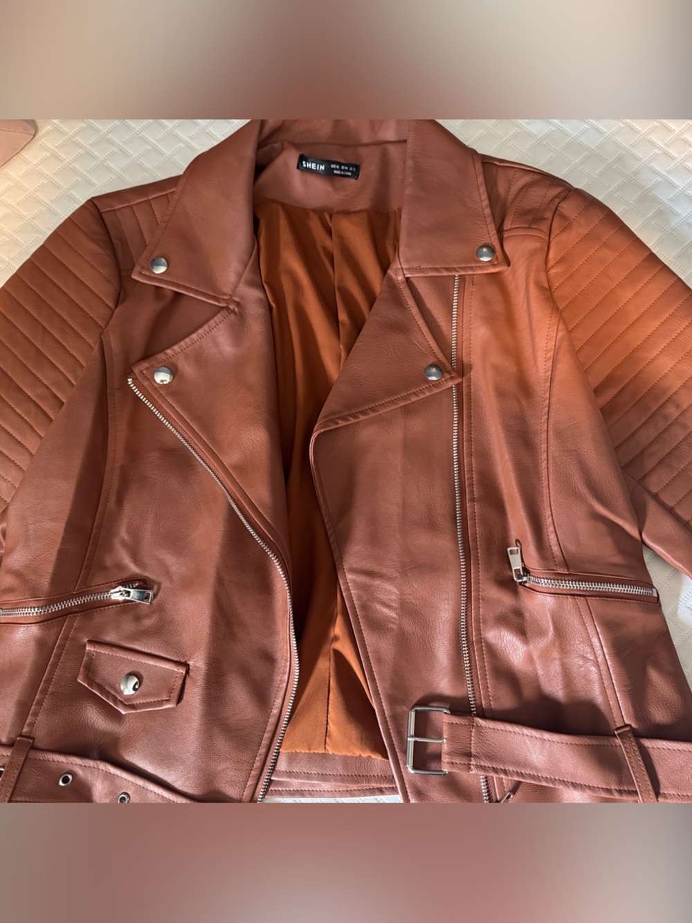 Faux Leather Biker Jacket - cognac